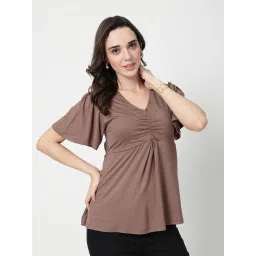 Zelena Mocha Brown Viscose In-Built Bra Feeding Zip Maternity Top-picture-18