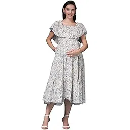zelena Off-Shoulder Cotton Maternity Feeding Dress | Concealed Zip Nursing Midi Dress with Pocket & Waist Tie | Floral Printed Pregnancy & Postpartum Wear - Multi-picture-41