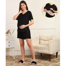 Zelena Viscose Half Sleeves Extra Stretchable Solid Top & Shorts Set - Black-image-14