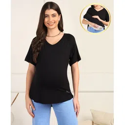 Zelena Viscose Half Sleeves Solid Extra Stretchable Top With Zip - Black-image-18