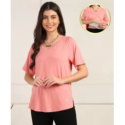 Zelena Viscose Half Sleeves Solid Extra Stretchable Top With Zip - Peach-image-19