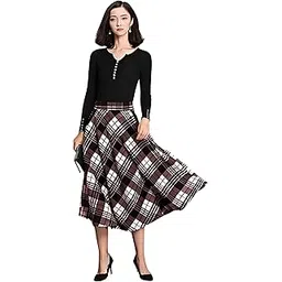 zelzis Women Blue Maroon Black Cotton Checked Midi Skirt | High Waist A-Line Casual Wear-picture-28