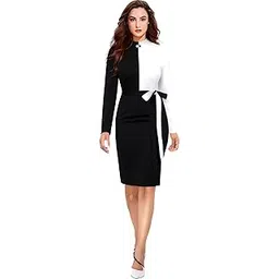 zelzis Women Polyester Colourblock Western Bodycon One Piece Dress (Classic Coller with Comfortable Belt)-picture-13