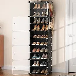Zemic 10 Shelf DIY Shoe Rack Organizer ^ Multi-Purpose Plastic Shoe Rack for Home Plastic Shelves, Plastic Home Shoes Storage, PP Plastic Cabinets with Door, Chappal Slipper Shoe Stand (Black) image 1