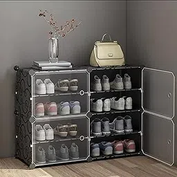 Zemic DIY Portable Shoe Rack for Home Plastic Shelves Household, Shelf Shoe Rack with Dustproof Door for Heels/Slippers/Boots for Entryway or Bedroom (Black, 8-Shelf-4-Door)-picture-20