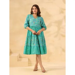 Zenava by Myntra Ethnic Motifs Print Puff Sleeve Tiered Cotton Fit & Flare Midi Dress-image-11