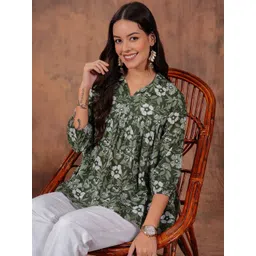 Zenava by Myntra Women Floral Print Shirt Collar Puff Sleeve Cotton Peplum Top-image-48