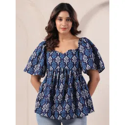Zenava by Myntra Women Ikat Printed Sweetheart Neck Flared Sleeve Cotton Empire Top-picture-39