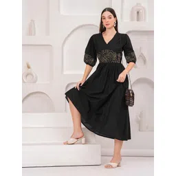 Zenava by Myntra Women V-Neck Puff Sleeves Cotton Fit and Flare Dress-image-28