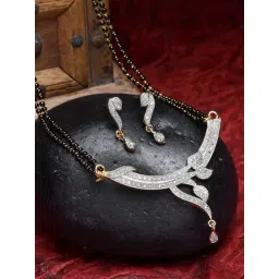 Zeneme Black Gold Plated Stone Studded Leaf Shaped Mangalsutra & Earrings Set-picture-28