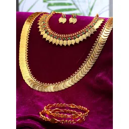 ZENEME Gold-Plated & Green Stone-Studded & Beaded Temple Jewellery Set-picture-13