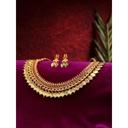 ZENEME Gold-Plated & Red Pearl Studded Temple Jewellery Set-picture-25