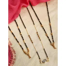 Zeneme Gold Plated Black White AD Studded Beaded Mangalsutra Set of 3-picture-18