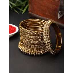 Zeneme Gold Plated CZ Stone Studded Broad Bangles for Women Set of 14-picture-45
