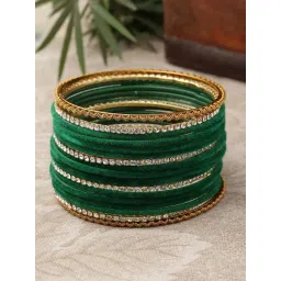 Zeneme Gold Plated CZ Studded Green Velvet Bangles for Women Set of 18-picture-25