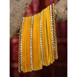 Zeneme Gold Plated CZ Studded Yellow Velvet Bangles for Women Set of 18-picture-14