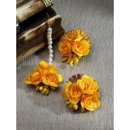 Zeneme Gold Plated Floral Maang Tikka & Earrings Set-picture-21