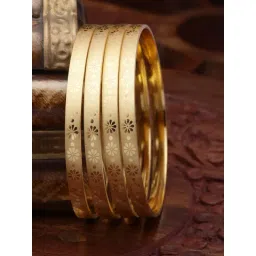 Zeneme Gold Plated Flower Shaped Textured Bangles for Women Set of 4-picture-18