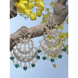 Zeneme Gold Plated Green Kundan With Beaded Pearl Chand Bali Earrings-picture-31