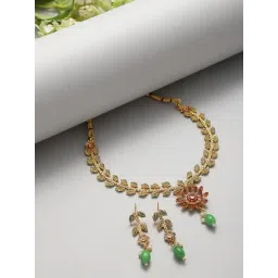 Zeneme Gold Plated Green Leaf Shaped Drop Pearl Jewellery Set-picture-39