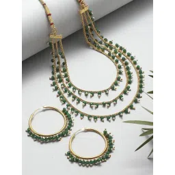 Zeneme Gold Plated Green Pearl Drop Intricate Layered Jewellery Set-picture-20