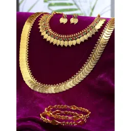Zeneme Gold Plated Green Stone Studded Beaded Temple Jewellery Set-picture-37