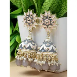 Zeneme Gold Plated Grey Enamelled & Grey Pearls Floral Jhumki Earrings-picture-28
