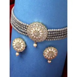 Zeneme Gold Plated Grey White Pearl Studded Beaded Jewellery Set-picture-31