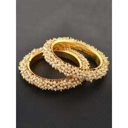 Zeneme Gold Plated Intricate Design Textured White Pearl Bangles for Women Set of 2-picture-23