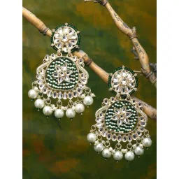 Zeneme Gold Plated Kundan & Blue Pearls Studded Round Mirror Dangler Earrings-picture-10