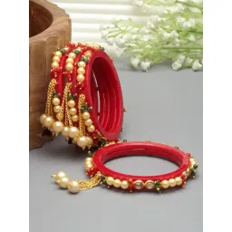 Zeneme Gold Plated Kundan & Drop Pearl Premium Synthetic Bangles for Women Set of 4-picture-30