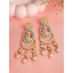 ZENEME Gold Plated Kundan Pearls Beaded Meenakari Chandbalis-picture-37