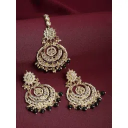 Zeneme Gold Plated Kundan Studded Black Pearl Beaded Maang Tikka & Earrings Set-picture-23