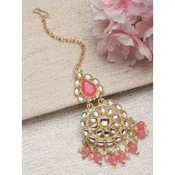 Zeneme Gold Plated Kundan Studded Drop Pearls Maang Tikka-picture-15