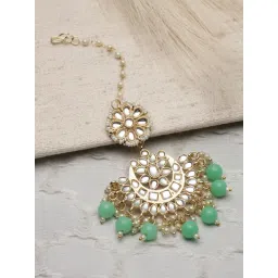 Zeneme Gold Plated Kundan Studded Lime Green Drop Pearls Maang Tikka-picture-20
