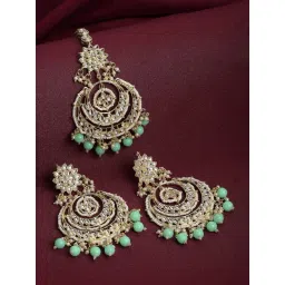 Zeneme Gold Plated Kundan Studded Lime Green Pearl Beaded Maang Tikka & Earrings Set-picture-21