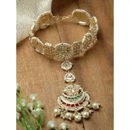 Zeneme Gold Plated Kundan Studded Vilandi Crescent Shaped Matha Patti image 1