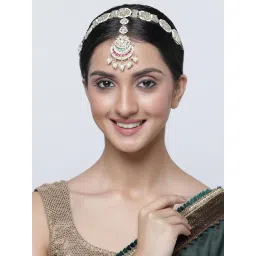 Zeneme Gold Plated Kundan Studded Vilandi Crescent Shaped Matha Patti image 3