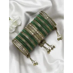 Zeneme Gold Plated Matte Finish Green Velvet CZ Studded Bangles for Women Set of 56-picture-21