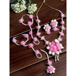 ZENEME Gold-Plated Pearl Gota Patti Flower Jewellery Set image 1