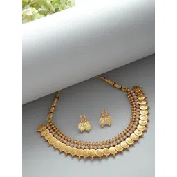 ZENEME Gold-plated Pearl Studded Intricate Textured Details Temple Jewellary Set-picture-17