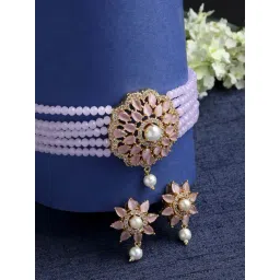 Zeneme Gold Plated Pink White Kundan Studded Beaded Jewellery Set-picture-45