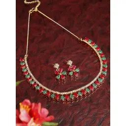 Zeneme Gold Plated Red & Green AD Studded Necklace and Earring Set-picture-27