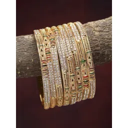 Zeneme Gold Plated Red And Green Meenakari Textured CZ Bangles for Women Set of 8-picture-28