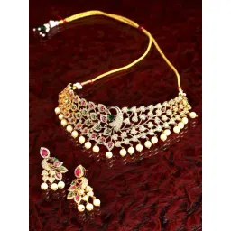 Zeneme Gold Plated Red Green AD Studded Jewellery Set-picture-23