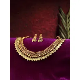 Zeneme Gold Plated Red Pearl Studded Temple Jewellery Set-picture-19