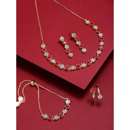Zeneme Gold Plated Red White AD Studded Jewellery Set-picture-26