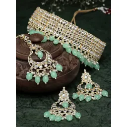 Zeneme Gold Plated Sea Green White Kundan Studded Beaded Jewellery Set-picture-28