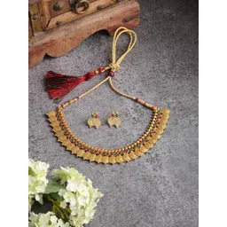 ZENEME Gold-Plated Stone-Studded & Beaded Temple Jewellery Set-picture-26