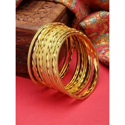 Zeneme Gold Plated Textured Handcrafted Bangles for Women Set of 10-picture-33